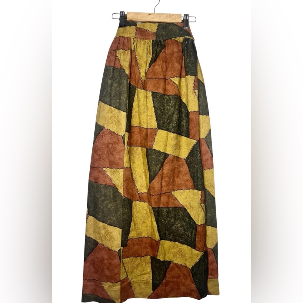 Vintage 70s Patchwork Patterned Maxi Wrap Skirt -… - image 3